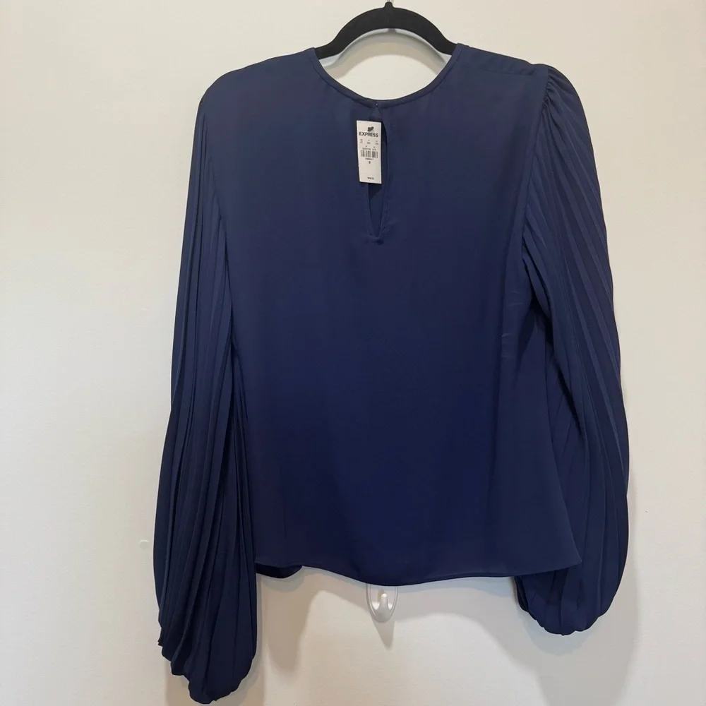 Express Navy Pleated Long-Sleeve Blouse | Size Medium | New with Tags